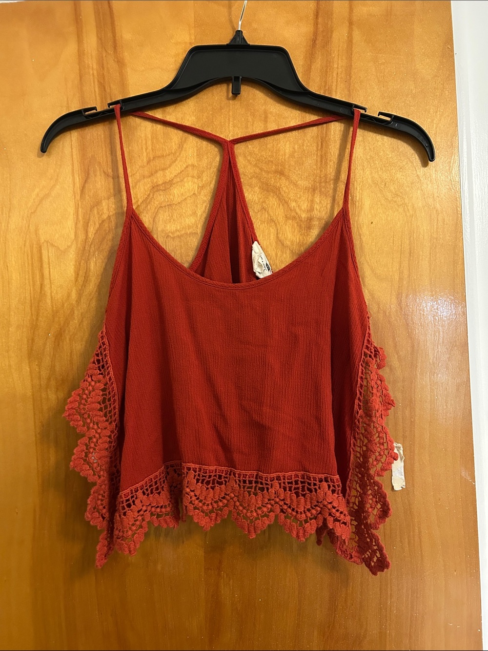 L.A. Hearts Rust Red Crochet-Hem Spaghetti Strap Crop Top